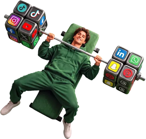 Figura de la campaña de la microcredencial UEES levantando pesas de redes sociales