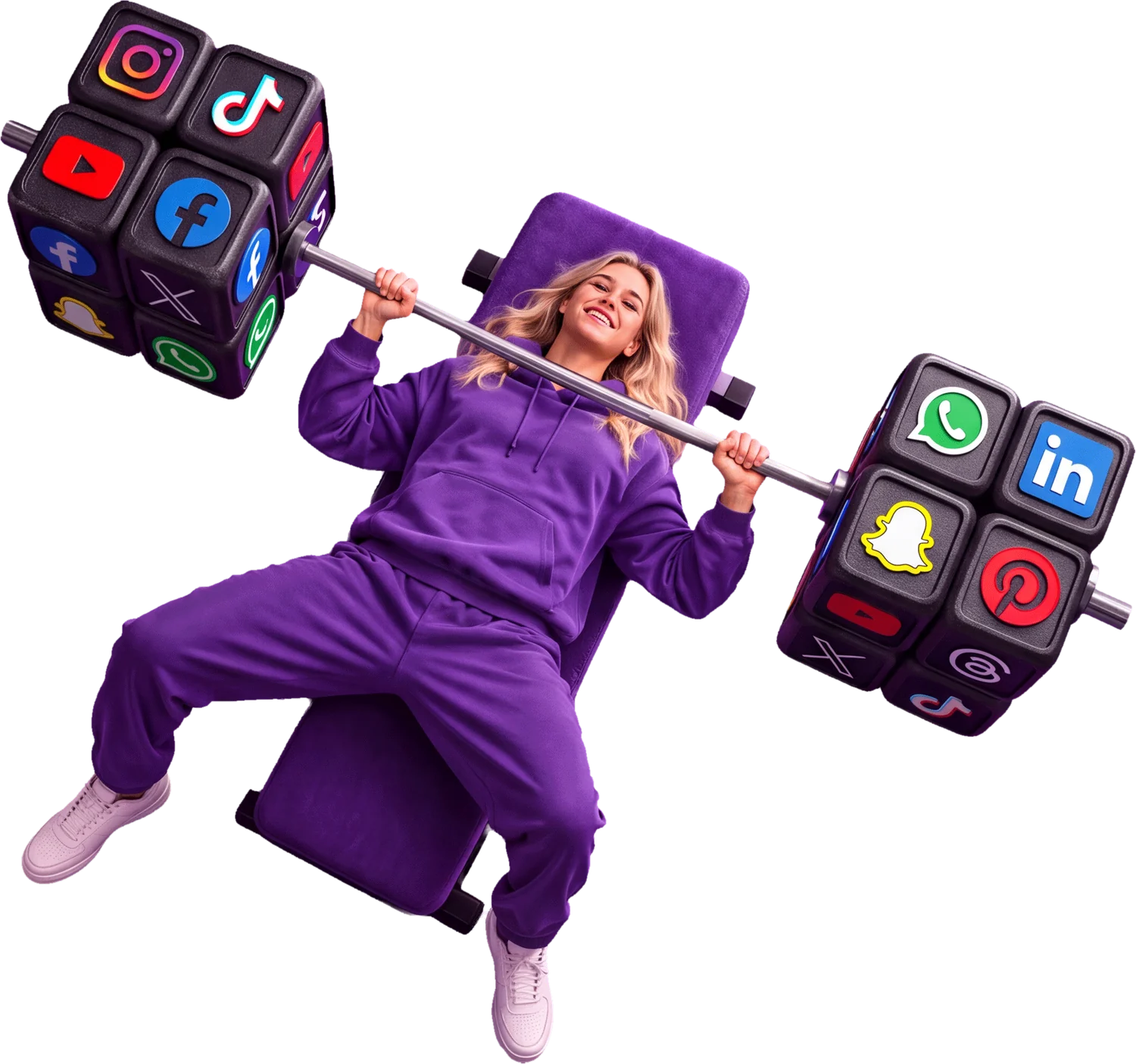 Una chica con sudadera morada levanta en banca una barra cuyas pesas son cubos con logos de redes sociales